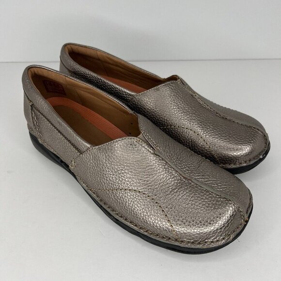 Clarks Unstructured Gold Leather Slip-On Casual Shoes Womens Size 9M Loafers - Picture 2 of 9
